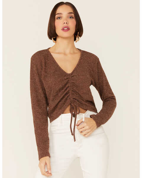 Image #1 - Wild Moss Women's Brown Ribbed Lurex Cinch Front Knit Top, Brown, hi-res