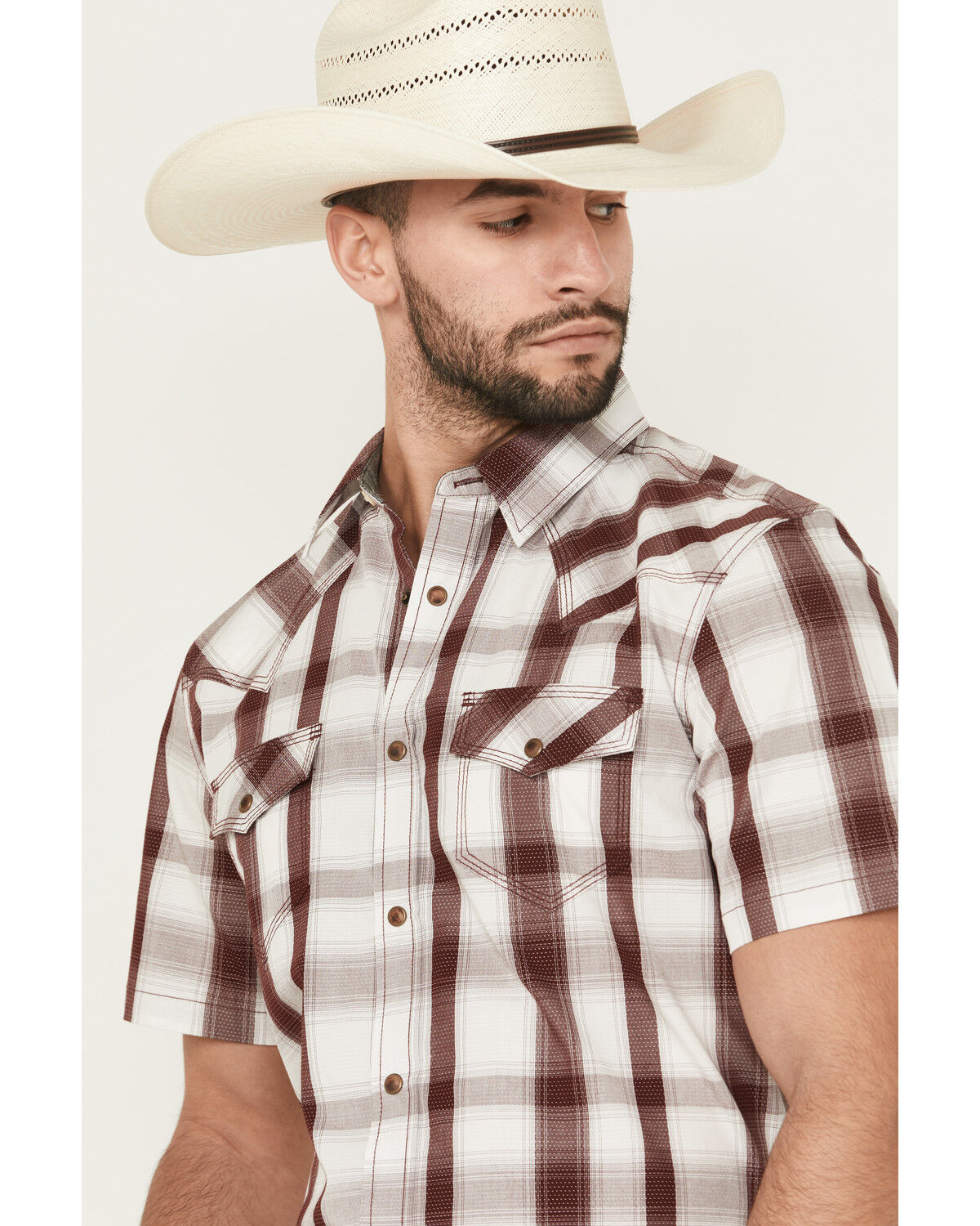 Image #2 - Moonshine Spirit Men's Memphis Plaid Print Short Sleeve Snap Western Shirt, Burgundy, hi-res