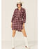 Image #1 - Wild Moss Women's Burgundy Long Sleeve Plaid Shirt Mini Dress, Burgundy, hi-res
