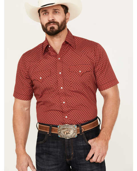 Ely Walker Men's Print Short Sleeve Snap Western Shirt, Red, hi-res