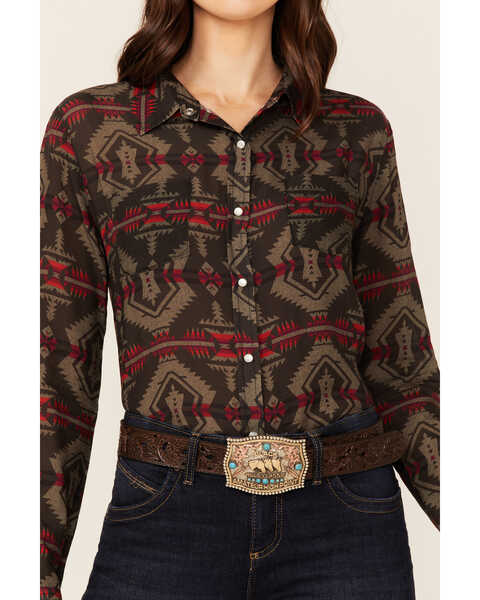 Image #2 - Stetson Women's Southwestern Flat Weave Blanket Print Long Sleeve Collared Snap Shirt, Brown, hi-res