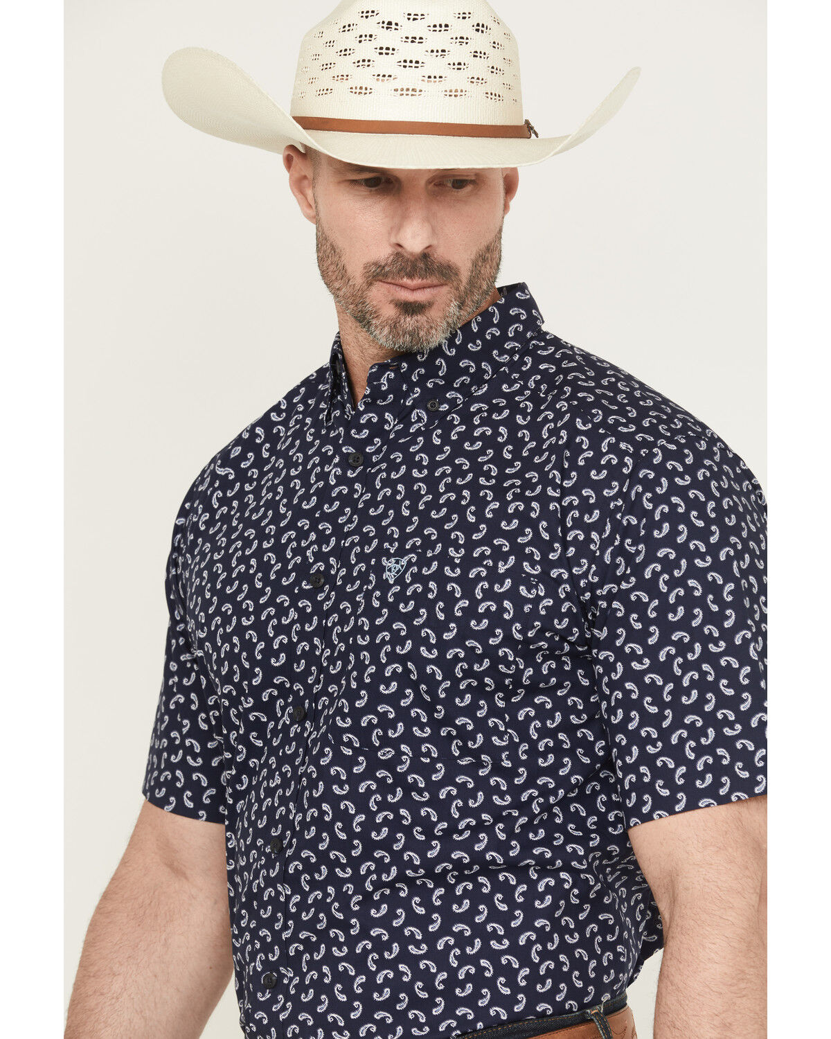 Image #2 - Ariat Men's Cian Paisley Print Short Sleeve Button-Down Western Shirt, Navy, hi-res