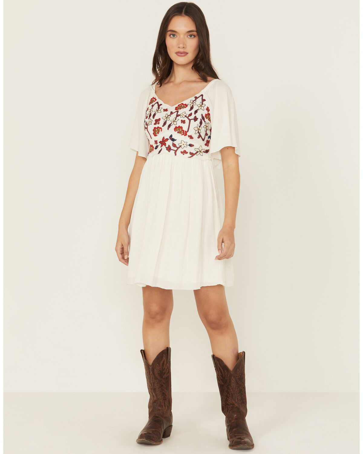 Image #1 - Shyanne Women's Embroidered Crinkle Flutter Sleeve Mini Dress, Ivory, hi-res