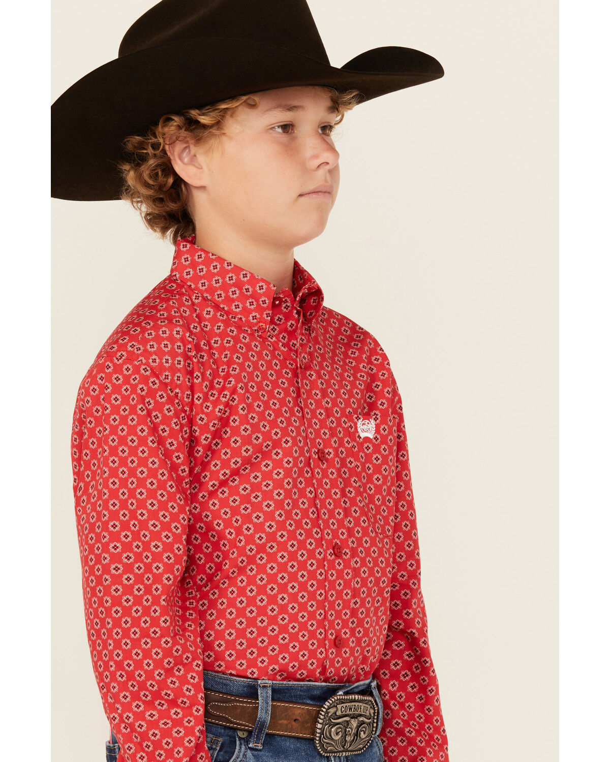 Image #2 - Cinch Boys' Geo Print Long Sleeve Western Shirt, Red, hi-res