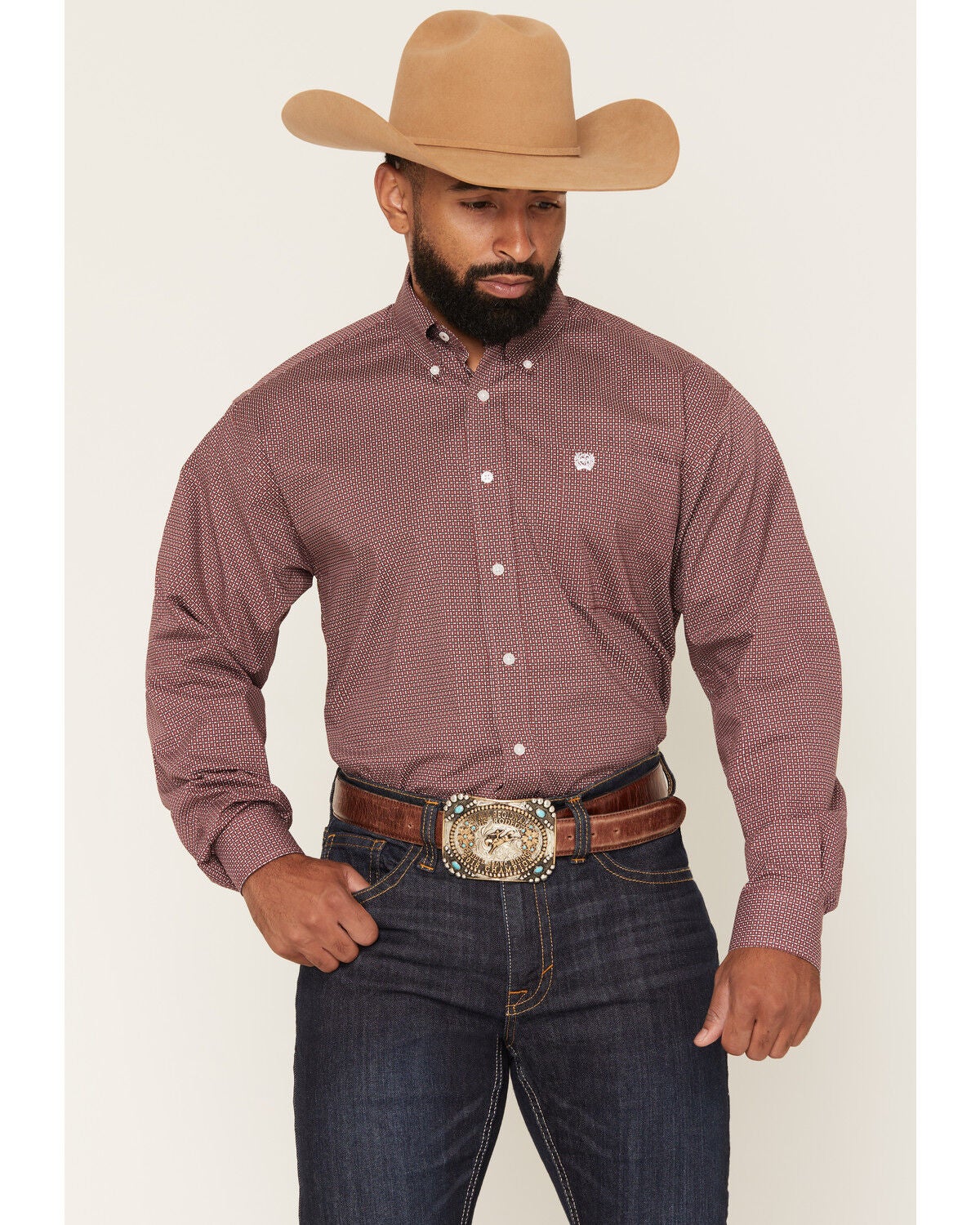 Image #1 - Cinch Men's Geo Print Long Sleeve Button-Down Stretch Western Shirt, Pink, hi-res