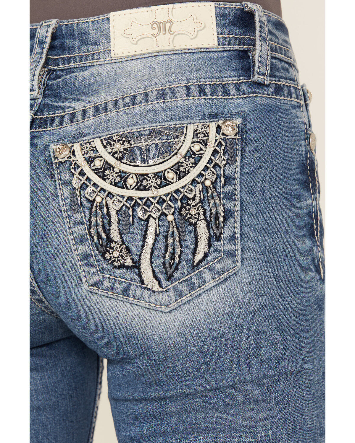 Image #2 - Miss Me Women's Medium Wash Dream Catcher Embroidered Mid Rise Bootcut Stretch Denim Jeans, Medium Wash, hi-res