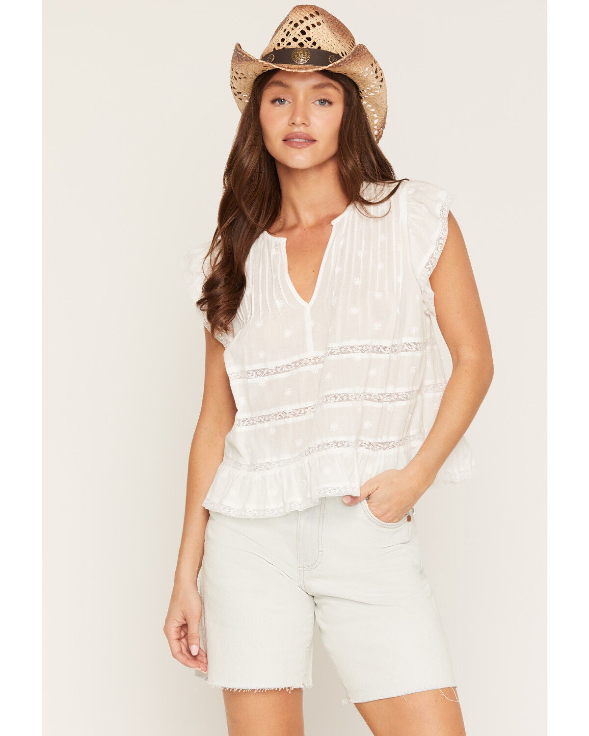 Lovestitch Women's Solid Pleated Lace Short Sleeve Shirt, White, hi-res