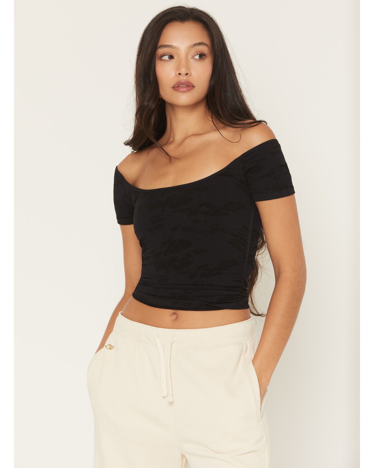 Fornia Women's Ruching Solid Short Sleeve Tee, Black, hi-res