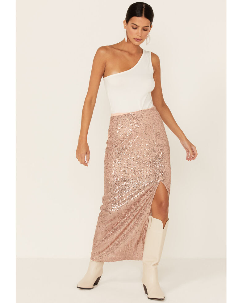 Free People Women's Champagne Ariana Sequin High Slit Maxi Skirt, Ivory, hi-res