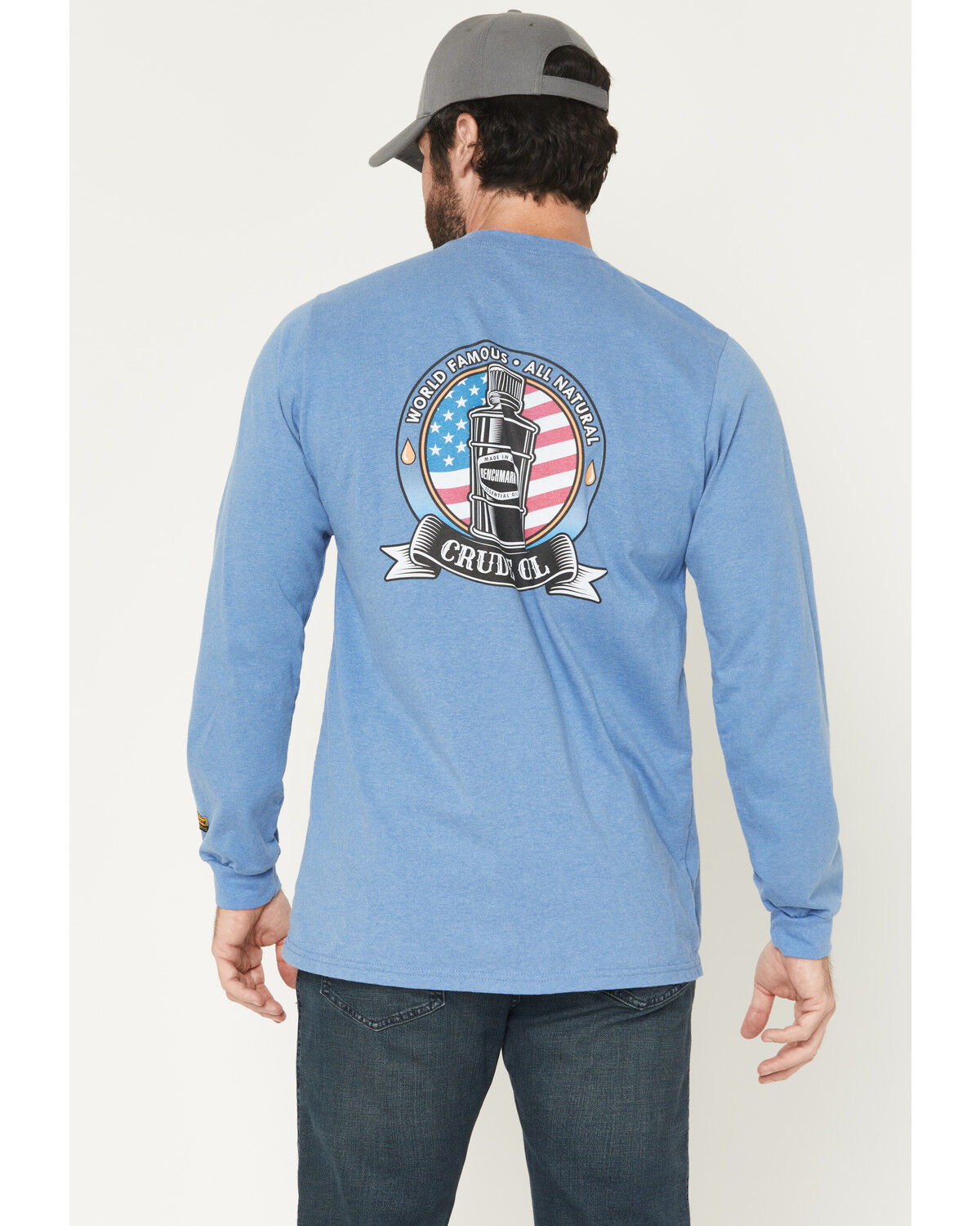Image #1 - Benchmark FR Men's FR World Famous Crude Oil Long Sleeve Work T-Shirt, Light Blue, hi-res