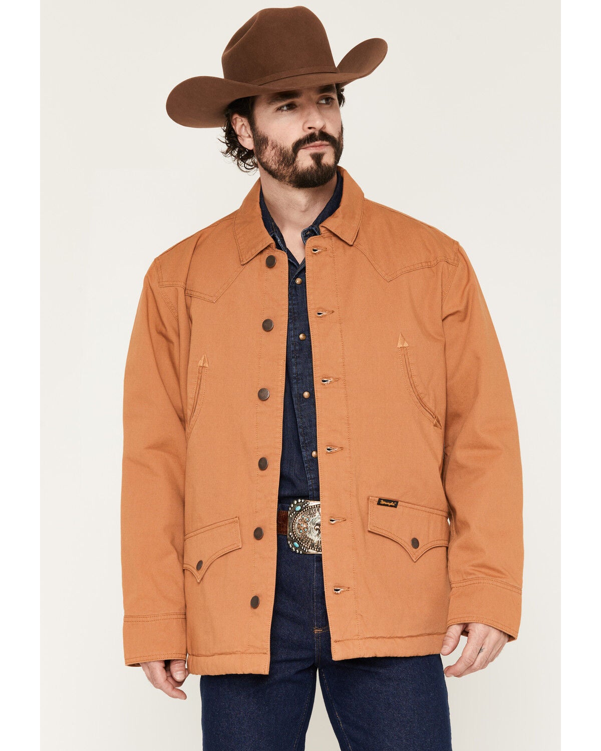 Image #1 - Wrangler Men's Canvas Flannel Lined Button-Down Jacket, Camel, hi-res