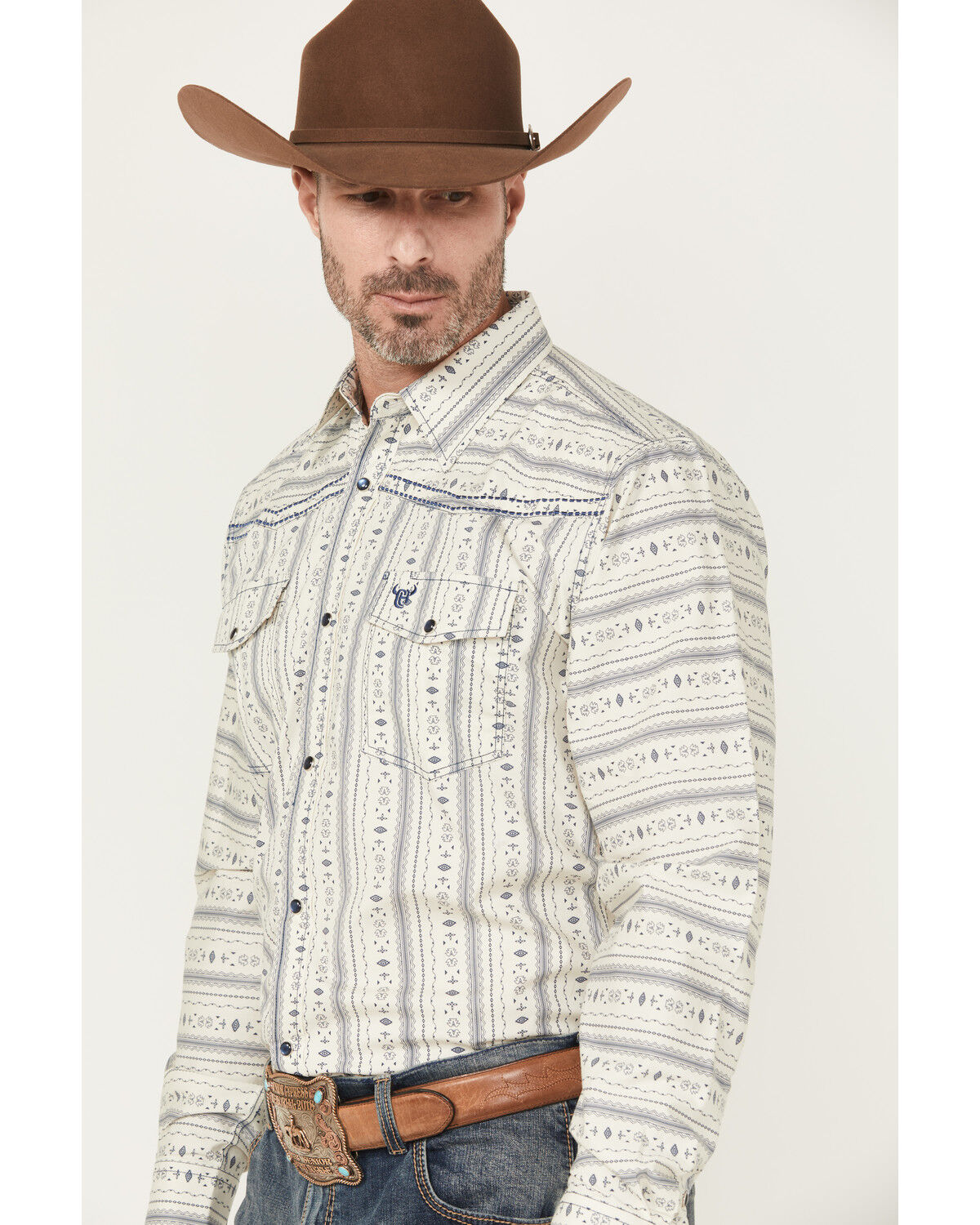 Image #2 - Cowboy Hardware Men's Southwestern Striped Print Long Sleeve Snap Stretch Western Shirt, Cream, hi-res
