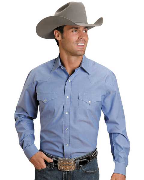 Image #1 - Stetson Men's Solid Oxford Snap Long Sleeve Western Shirt, Blue, hi-res