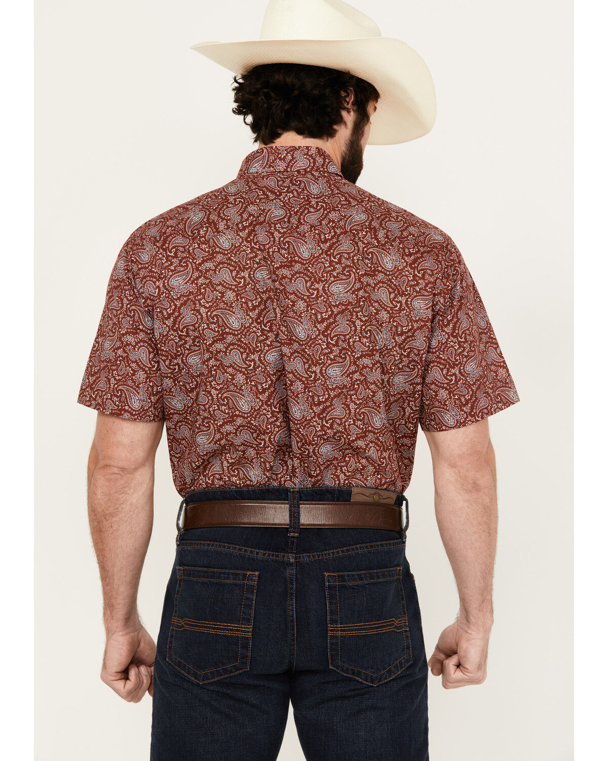 Image #4 - Roper Men's West Made Paisley Print Short Sleeve Snap Western Shirt, Burgundy, hi-res