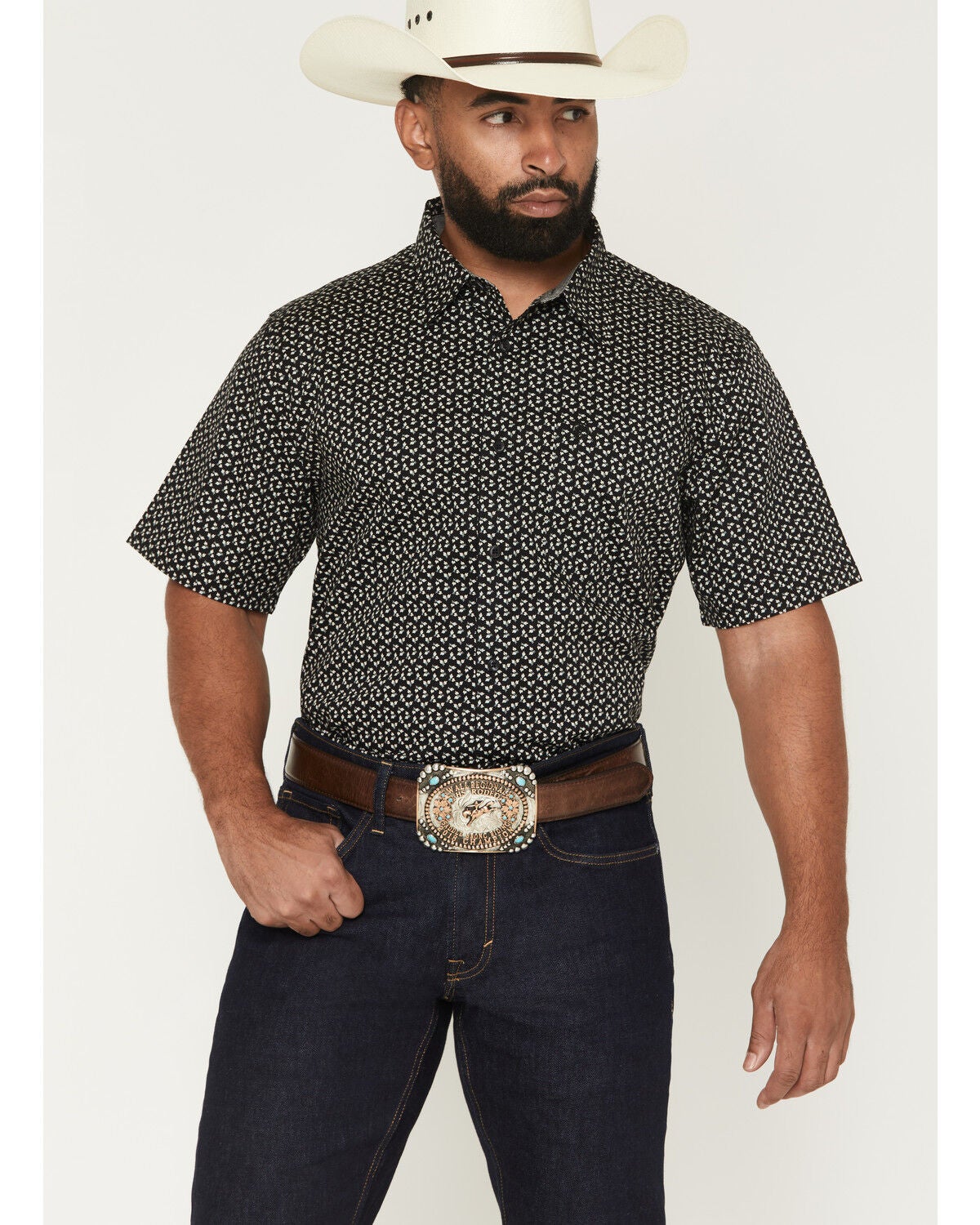 Cody James Men's Shiloh Micro Floral Print Short Sleeve Button-Down Stretch Western Shirt - Big, Black, hi-res