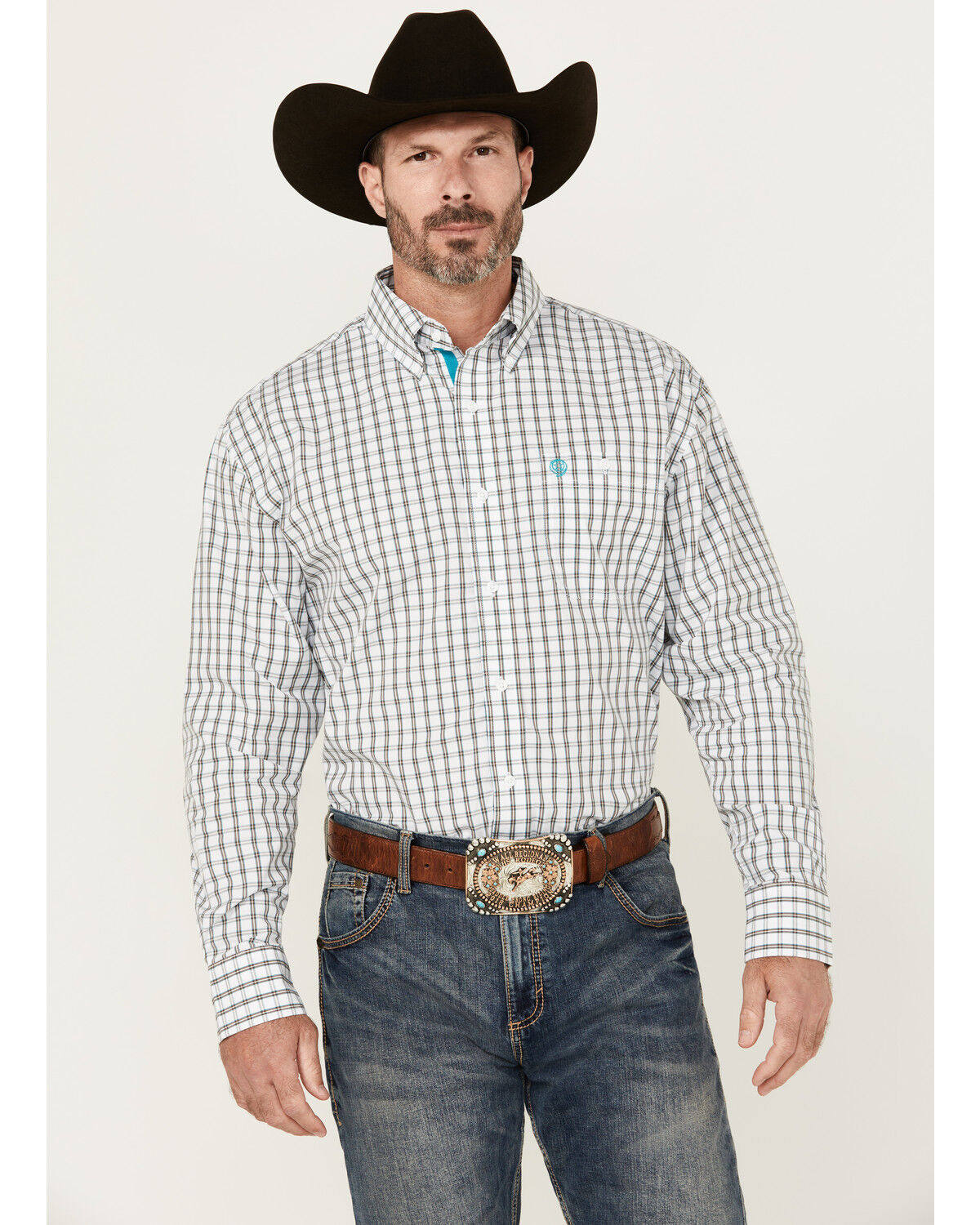 Image #1 - George Strait by Wrangler Plaid Print Long Sleeve Button-Down Stretch Western Shirt - Big, White, hi-res