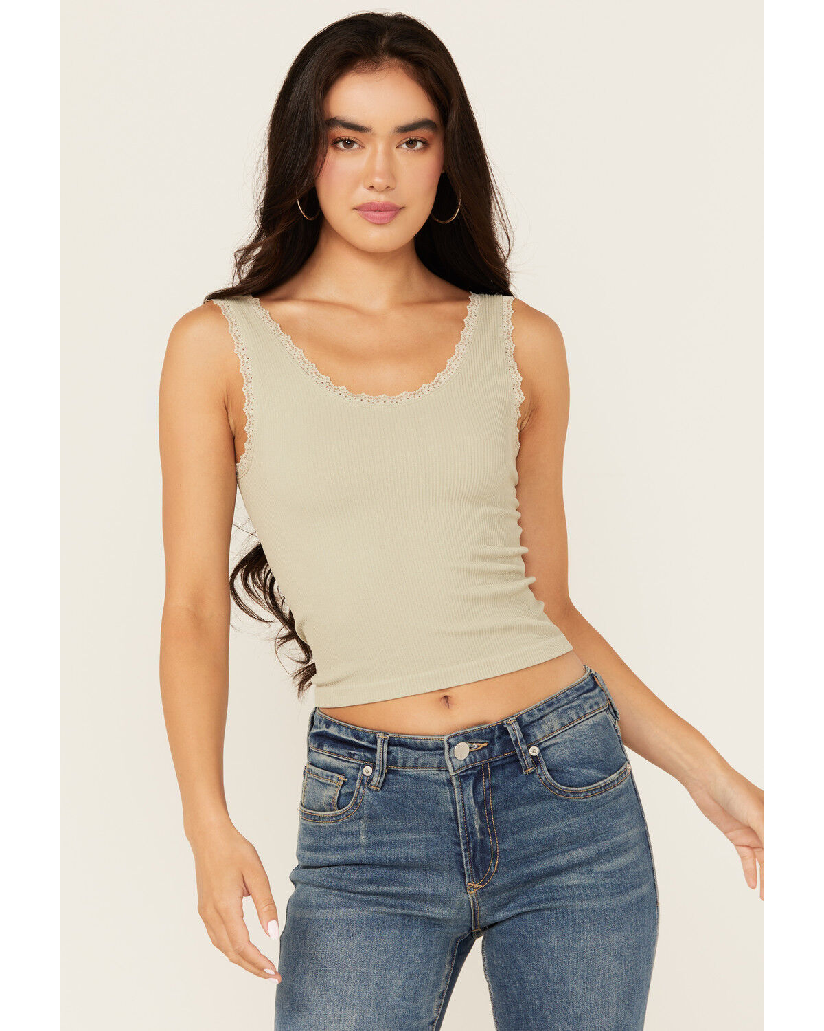 Image #1 - Fornia Women's Solid Lace Trim Sleeveless Cropped Tank Top, Mint, hi-res