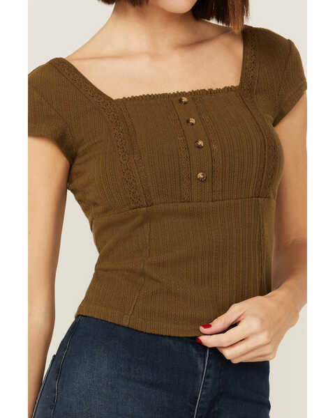 Image #2 - Shyanne Women's Square Neck Green Pointelle Top, Green/brown, hi-res