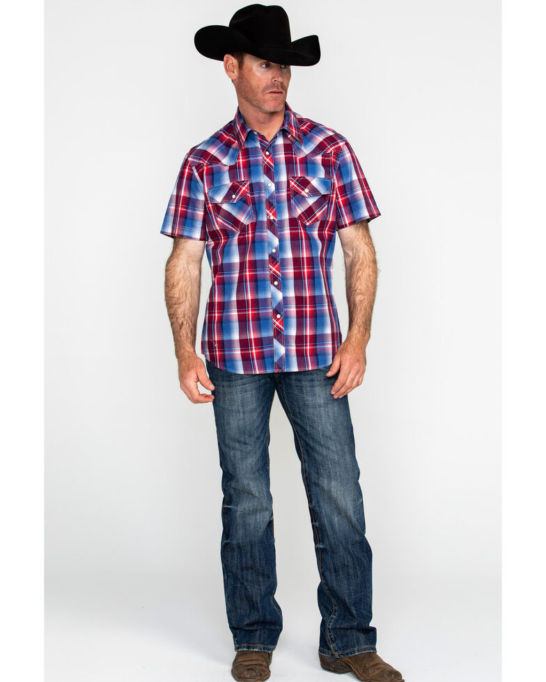 Rock & Roll Denim Men's Red Crinkle Washed Plaid Short Sleeve Western Shirt , Red, hi-res