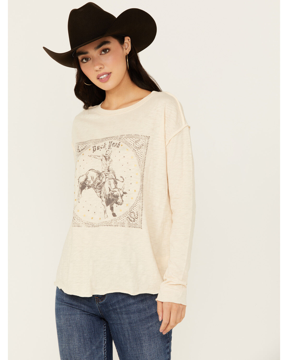 Image #1 - White Crow Women's Buck Yeah Seamed Long Sleeve Graphic Tee, Oatmeal, hi-res