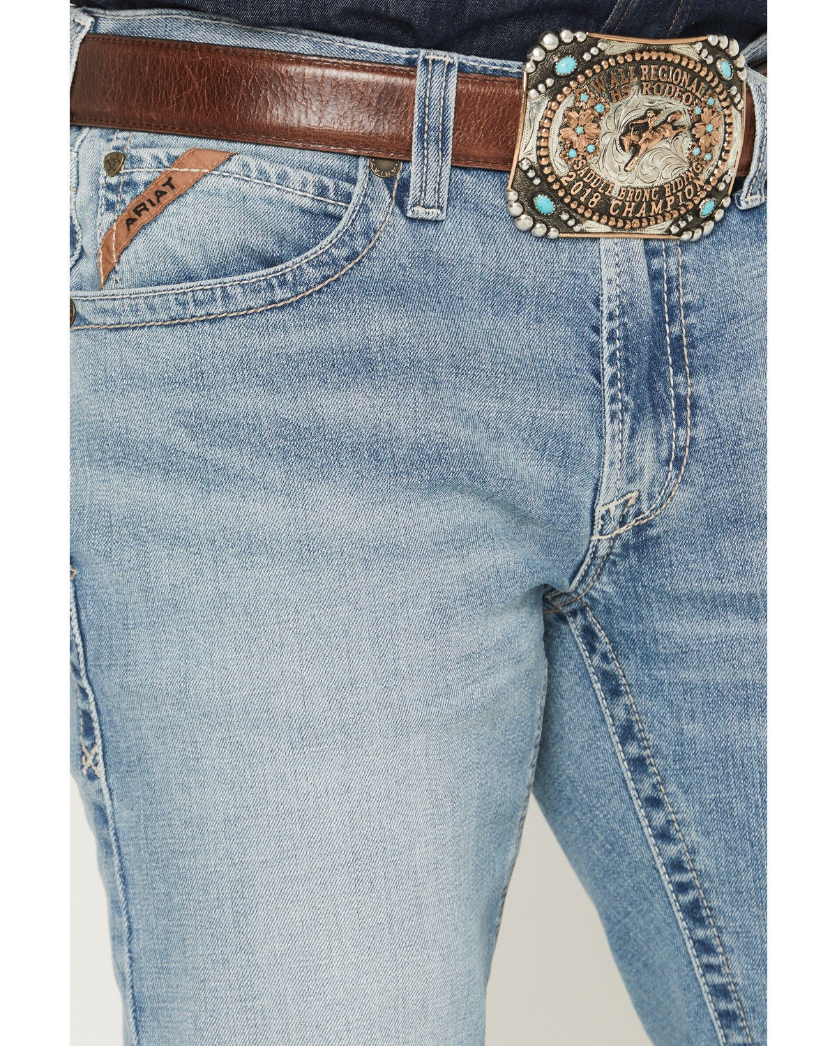 Image #2 - Ariat Men's M4 Kayne Gus Light Wash Relaxed Bootcut Stretch Denim Jeans, Light Wash, hi-res