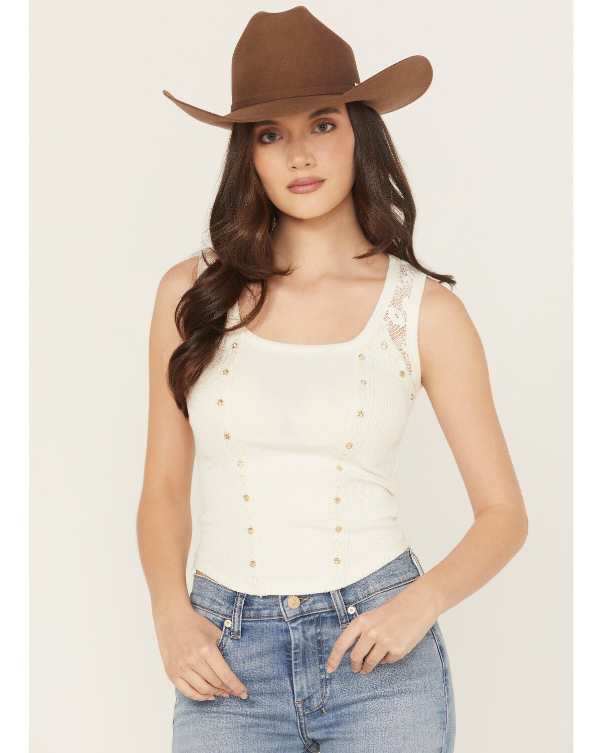 Miss Me Women's Rhinestone Rib Tank, Off White, hi-res