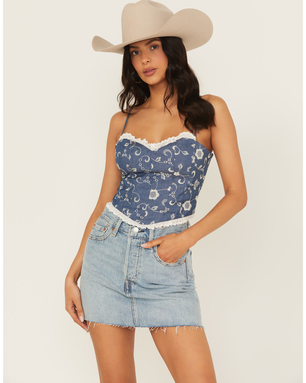 Image #1 - Shyanne Women's Embroidered Denim Corset, Blue, hi-res