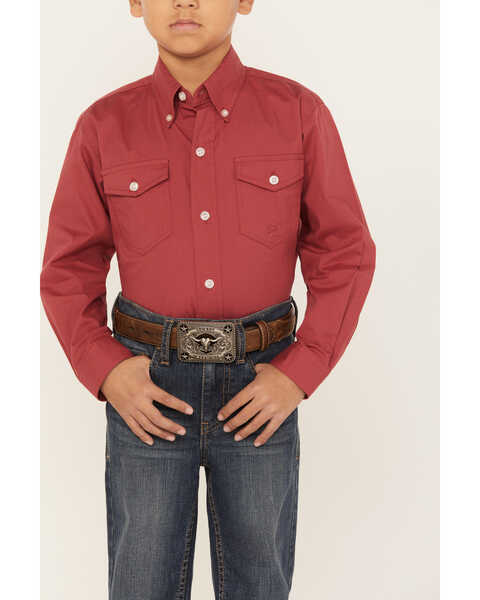 Roper Boys' Amarillo Long Sleeve Western Button Down Shirt, Red, hi-res