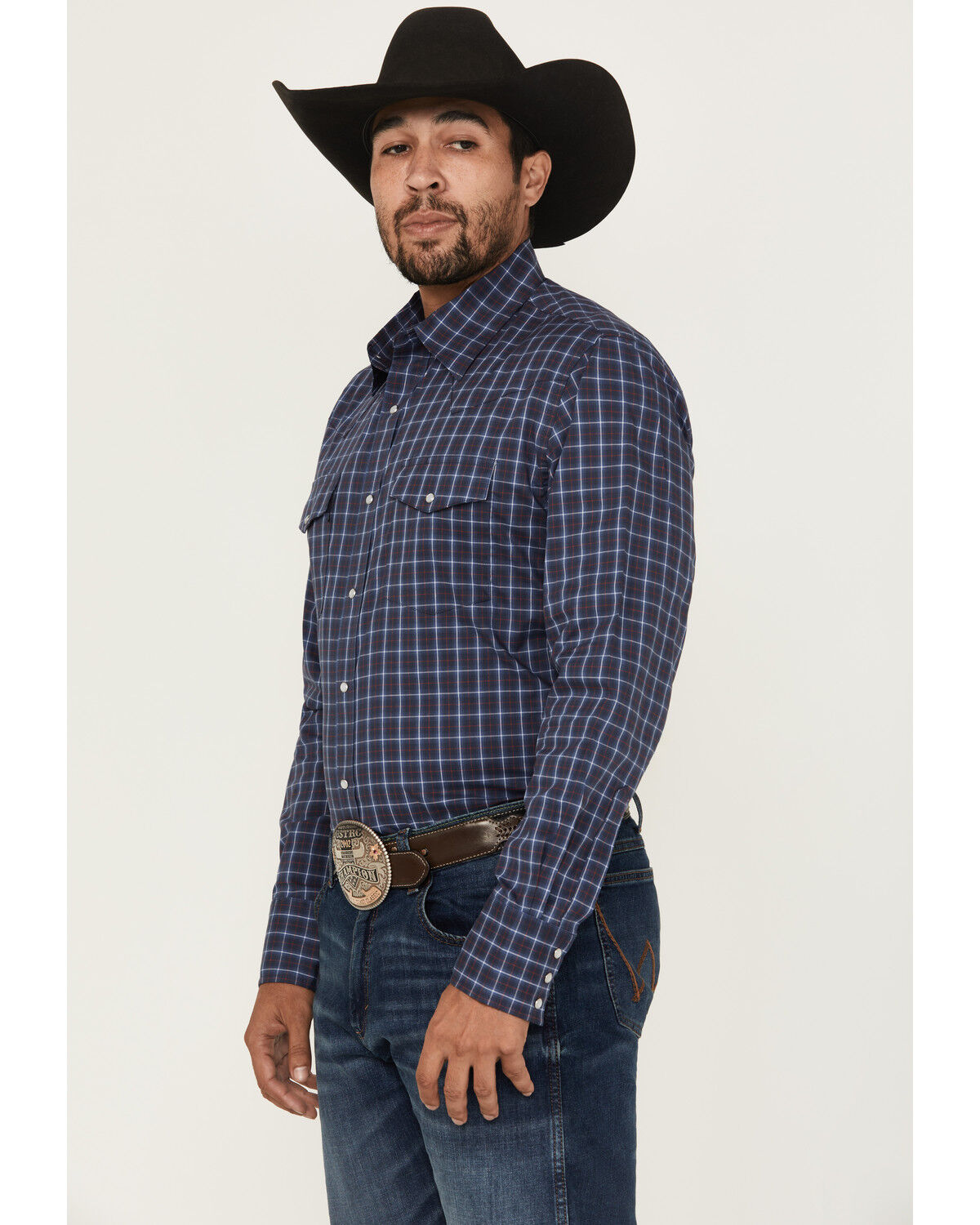 Image #2 - Wrangler Men's Wrinkle Resistant Windowpane Plaid Print Long Sleeve Pearl Snap Stretch Western Shirt, Blue, hi-res