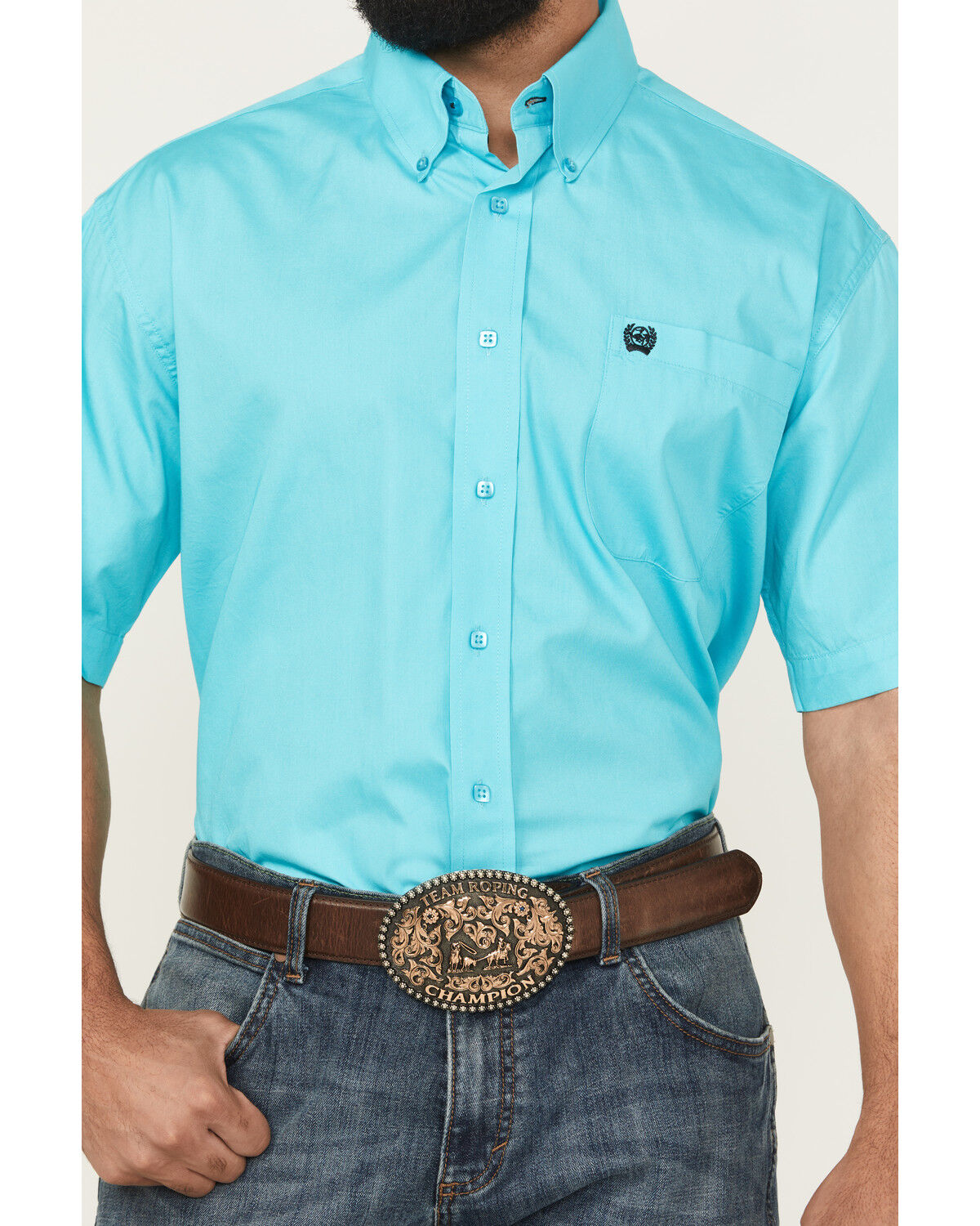 Image #3 - Cinch Men's Solid Short Sleeve Button-Down Western Shirt, Turquoise, hi-res