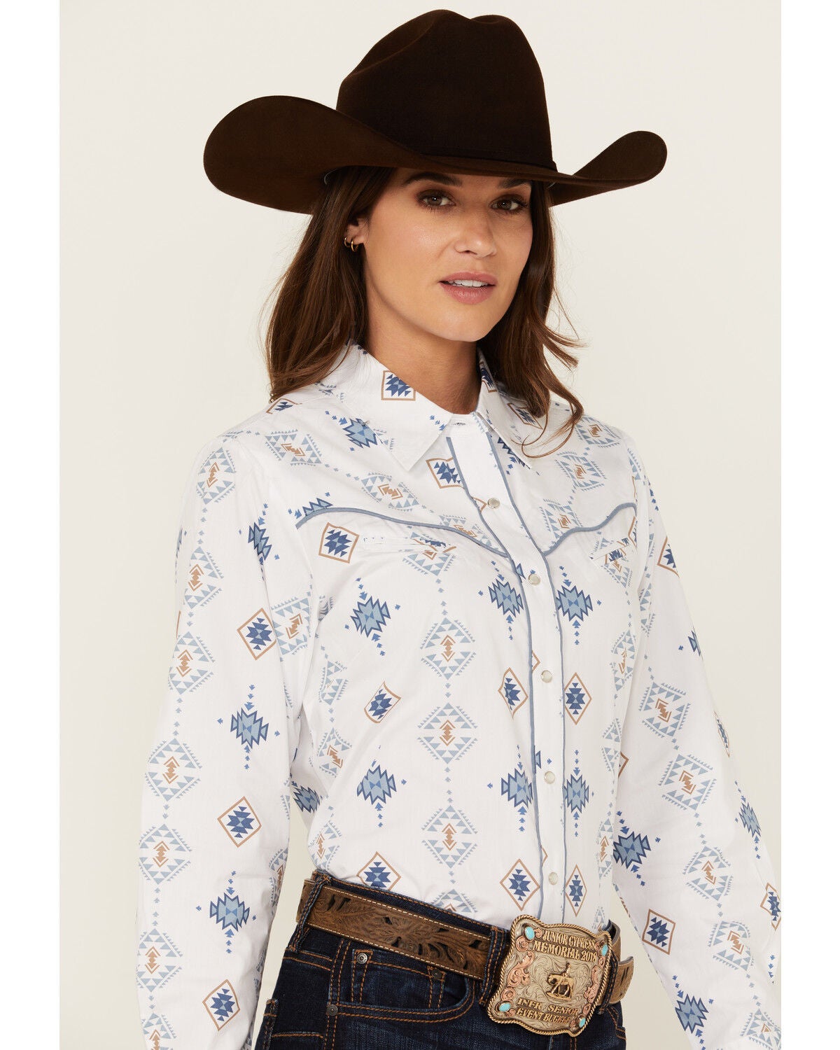Ely Walker Women's Southwestern Print Long Sleeve Pearl Snap
