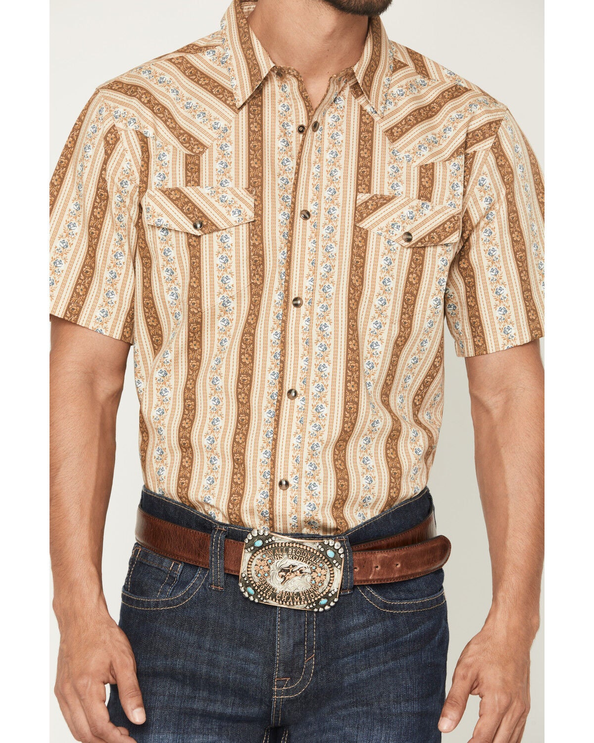 Image #3 - Gibson Trading Co Men's Calico Saloon Floral Striped Short Sleeve Snap Western Shirt - Big, Cream, hi-res