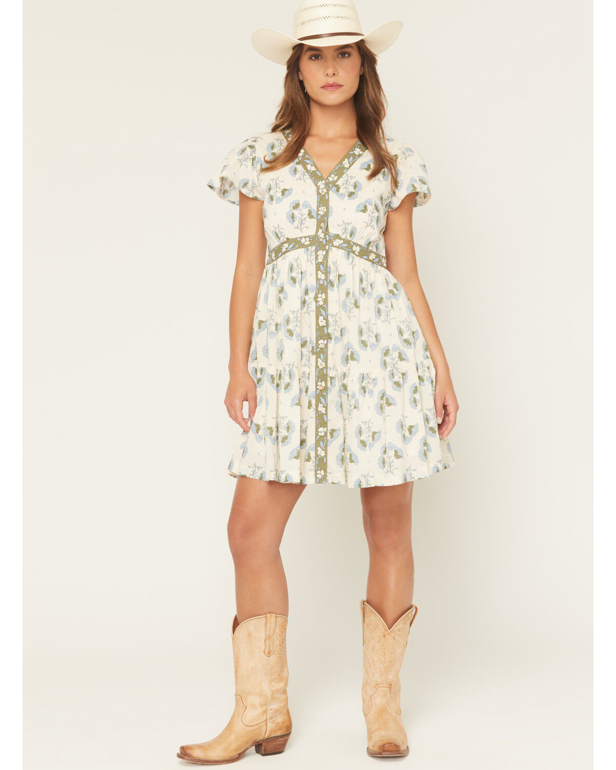 Image #1 - Bila Women's Monaco Floral Border Short Sleeve Mini Dress, Sage, hi-res