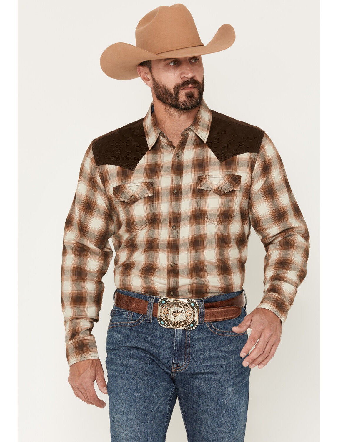 Cody James Men's Mad Plaid Print Corduroy Long Sleeve Snap Western Shirt - Big, Tan, hi-res