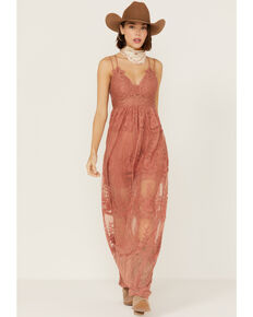 Wishlist Women's Sheer Lace Sleeveless Brick Maxi Dress , Rust Copper, hi-res