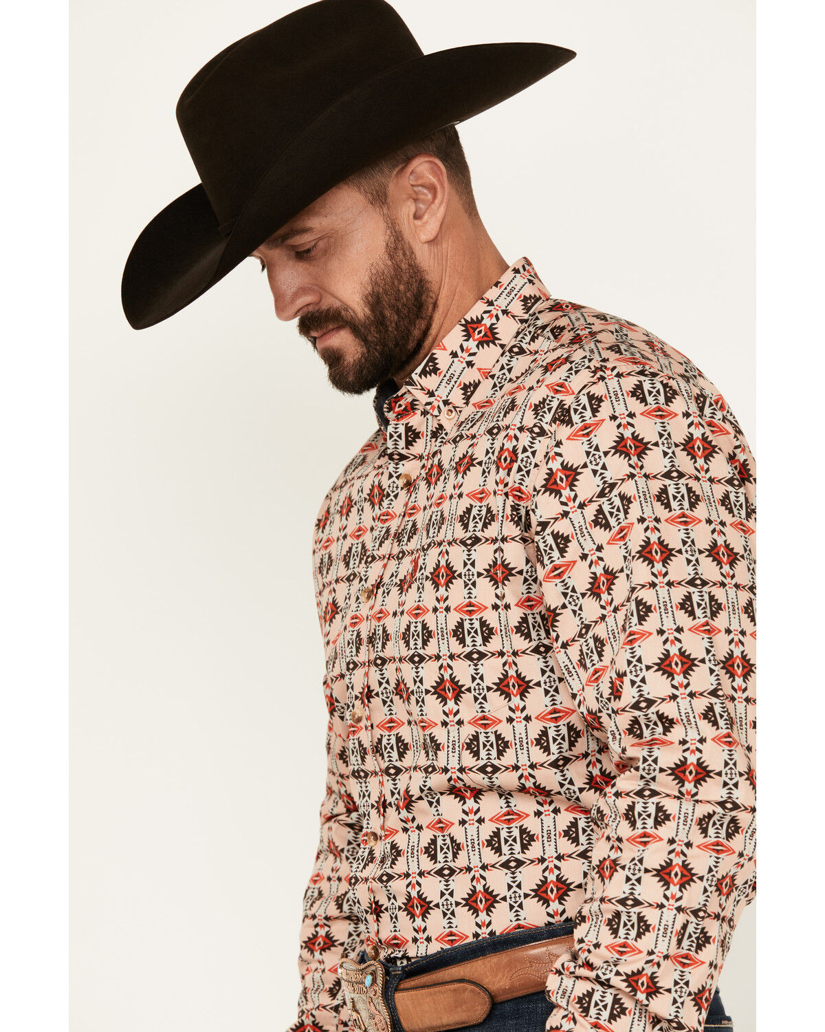 Image #2 - Rodeo Clothing Men's Southwestern Print Long Sleeve Snap Western Shirt, Tan, hi-res