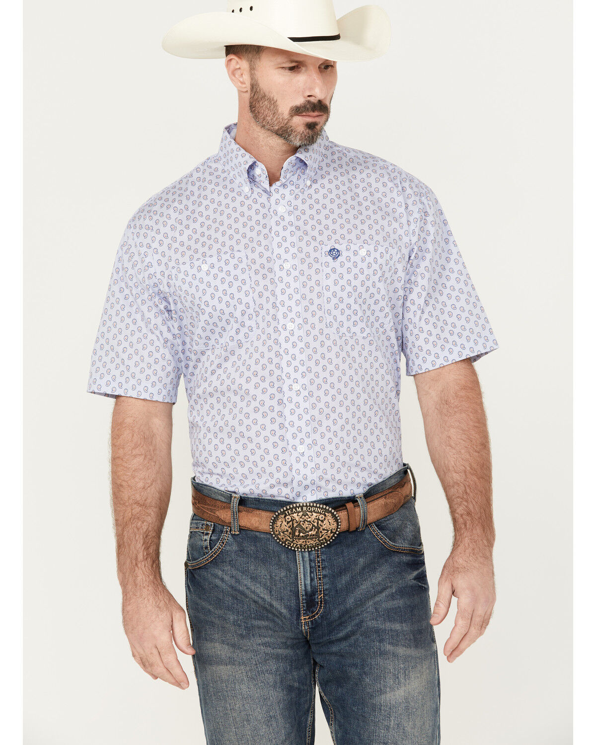 Image #1 - George Strait by Wrangler Men's Paisley Print Short Sleeve Button-Down Western Shirt, Red, hi-res