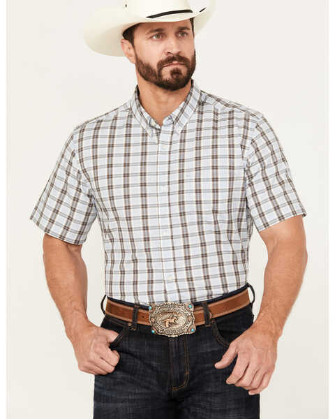 Cody James Men's Bryce Plaid Print Short Sleeve Button-Down Stretch Western Shirt, Light Blue, hi-res