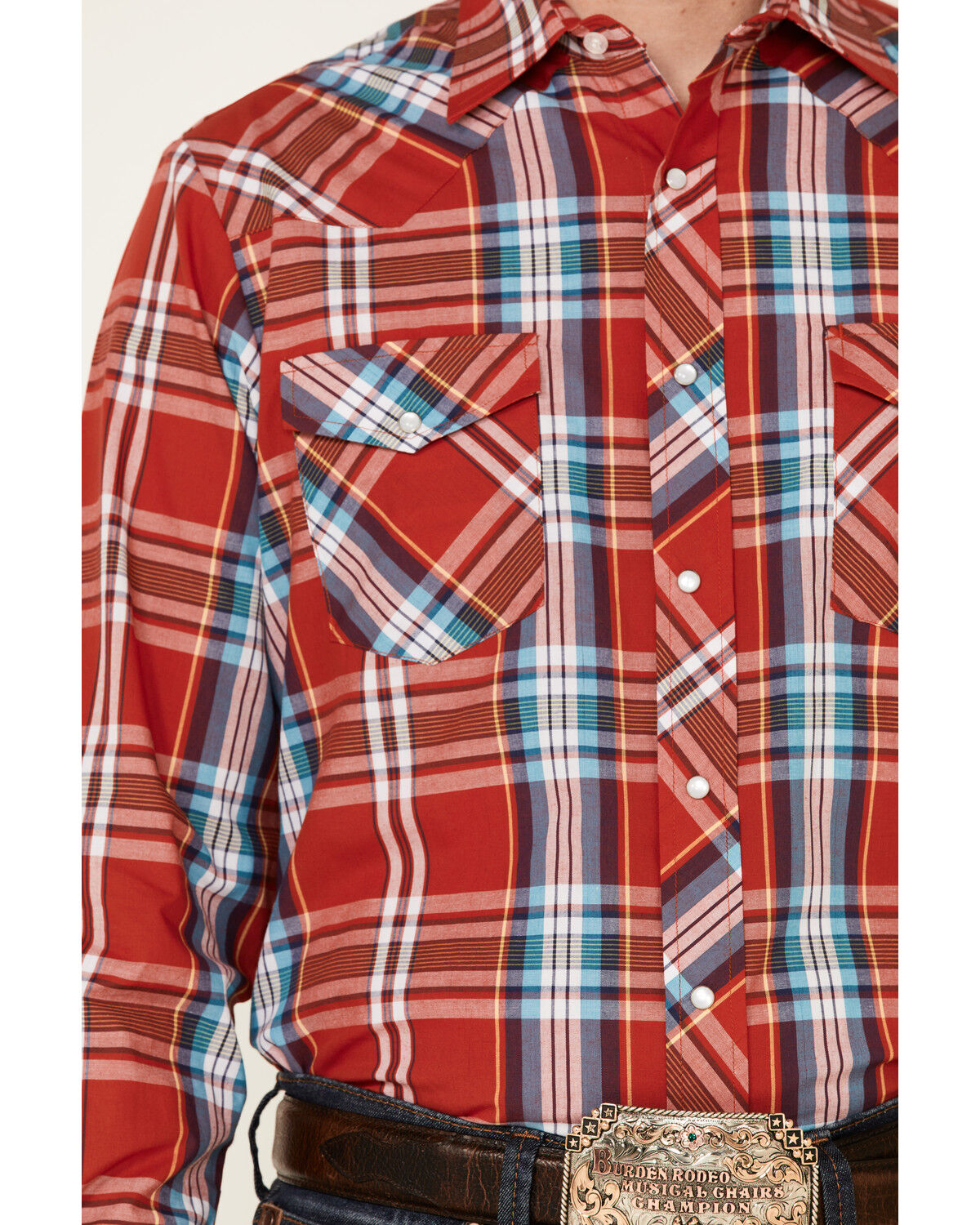 Image #3 - Roper Men's Warm Red Large Plaid Long Sleeve Pearl Snap Western Shirt, Red, hi-res