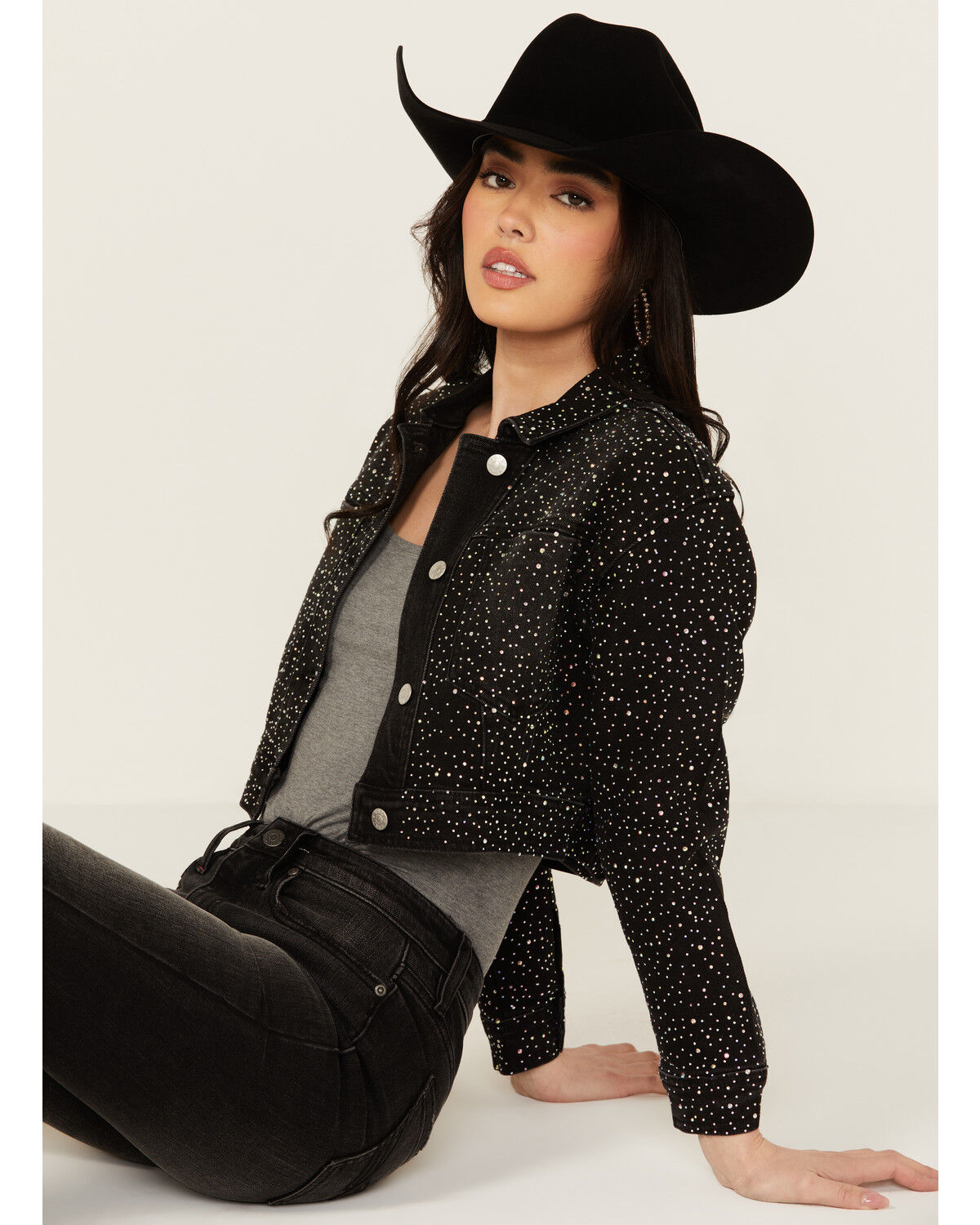 Image #1 - Vibrant Denim Women's Rhinestone Cropped Denim Jacket, Black, hi-res