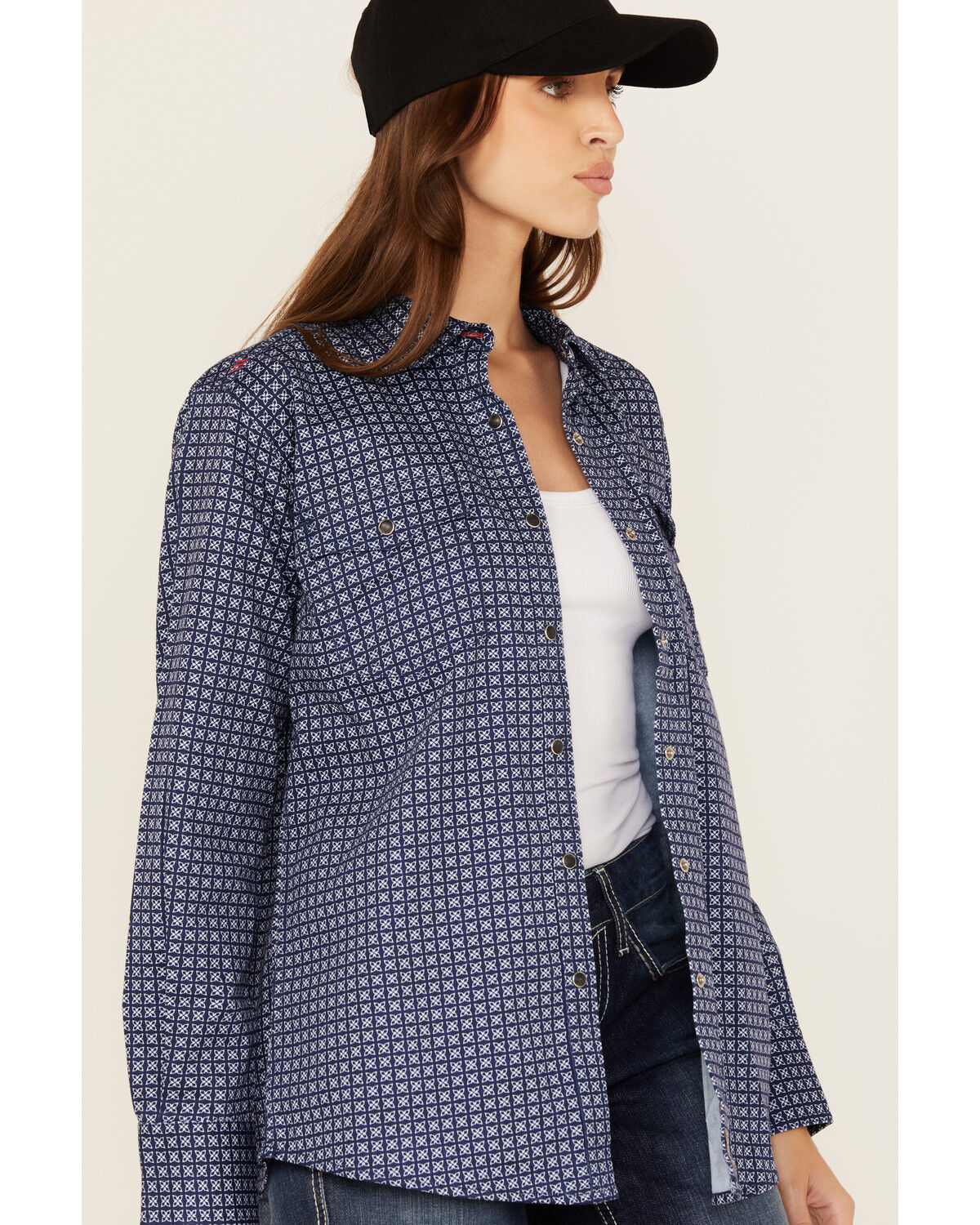 Image #2 - Ariat Women's FR Beverly Geo Print Long Sleeve Snap Work Shirt, Navy, hi-res
