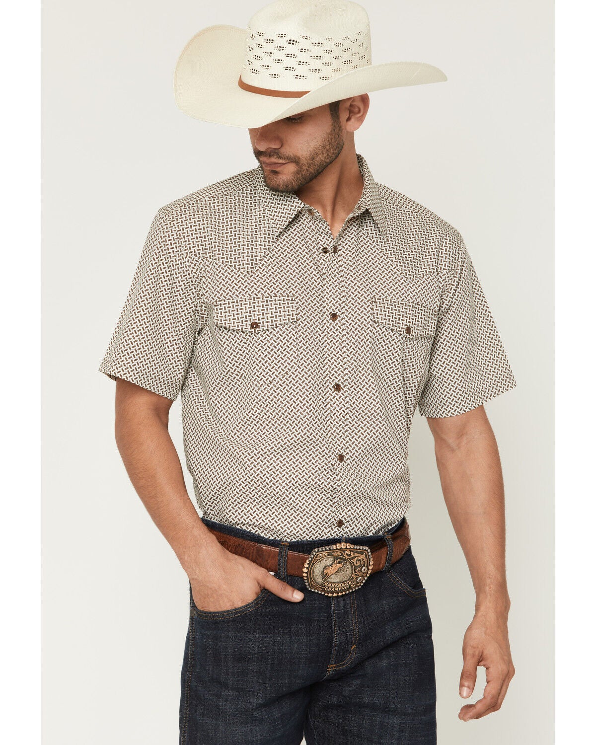 Gibson Trading Co Men's Sedona Tile Geo Print Short Sleeve Snap Western Shirt, Brown, hi-res