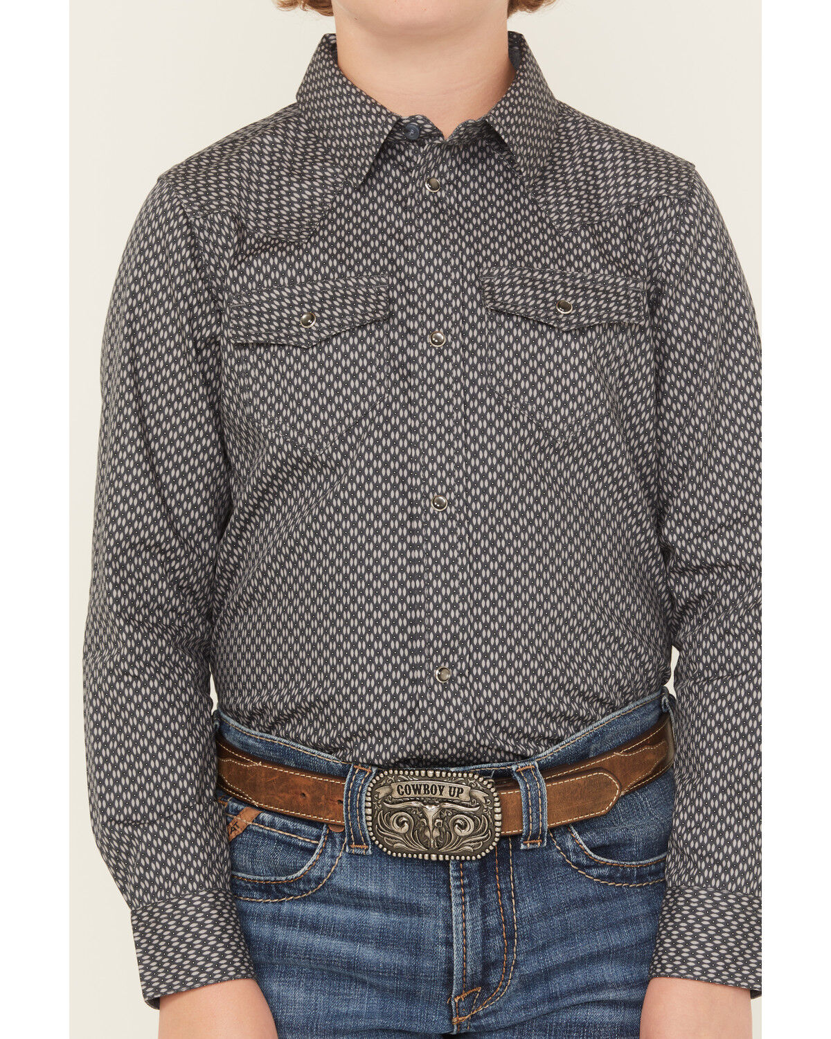 Image #3 - Cody James Boys' San Juan Geo Print Long Sleeve Snap Western Shirt, Steel Blue, hi-res