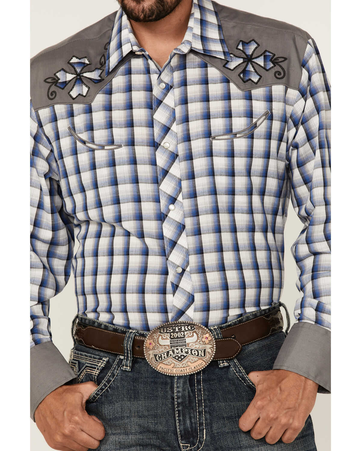 Image #3 - Roper Men's Checkered Embroidered Plaid Print Long Sleeve Pearl Snap Western Shirt, Blue, hi-res