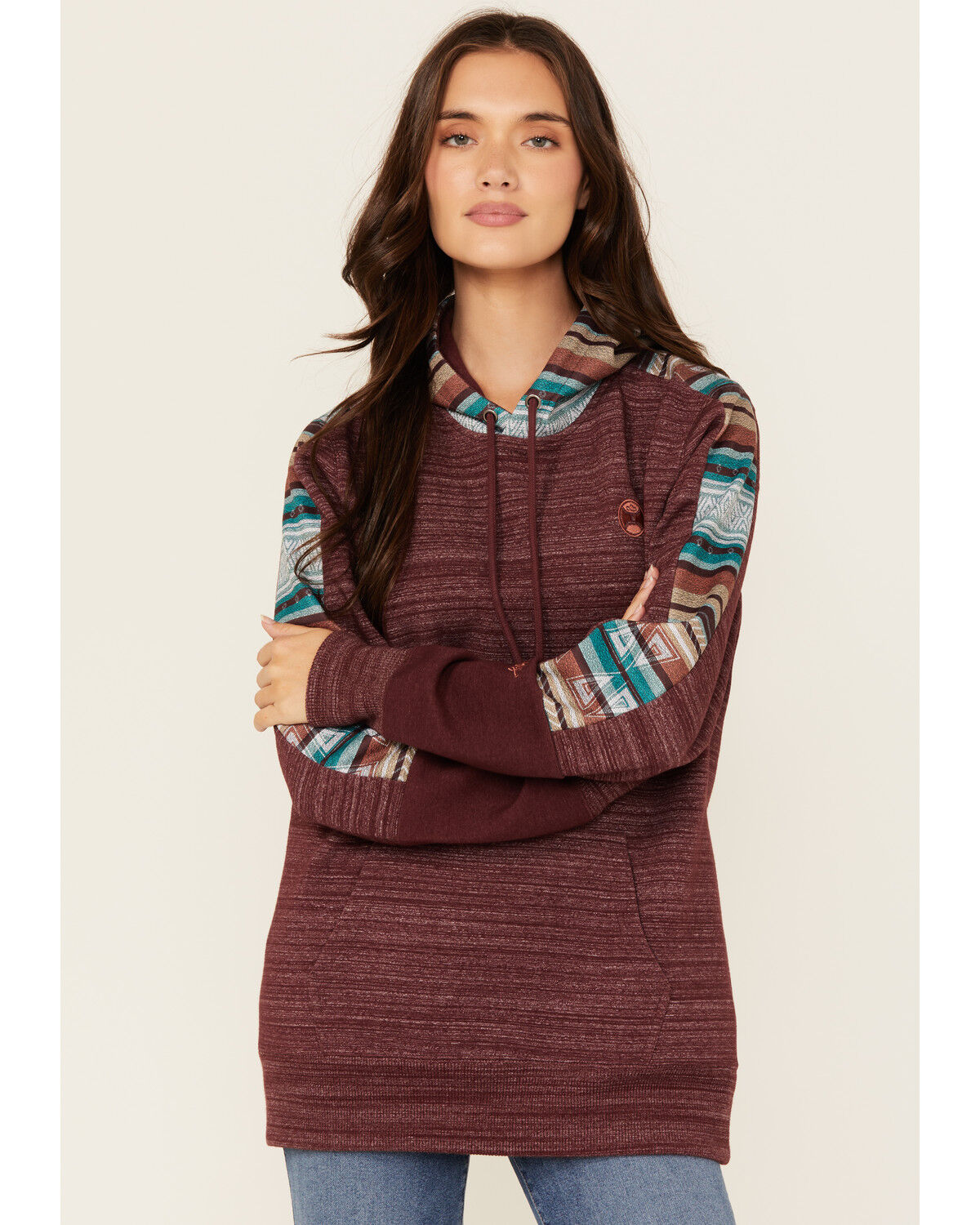 Image #1 - Hooey Women's Striped Trim Hoodie, Maroon, hi-res