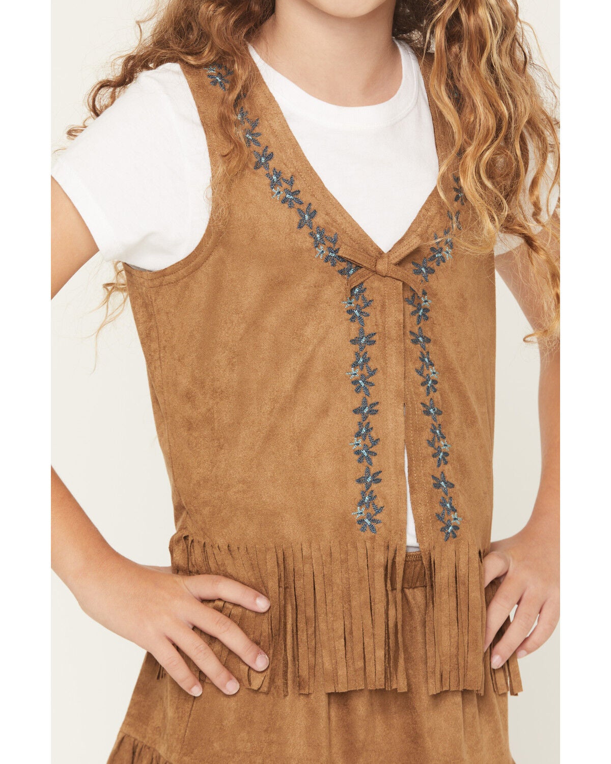 Image #3 - Shyanne Girls' Embroidered Faux Suede Fringe Vest, Coffee, hi-res