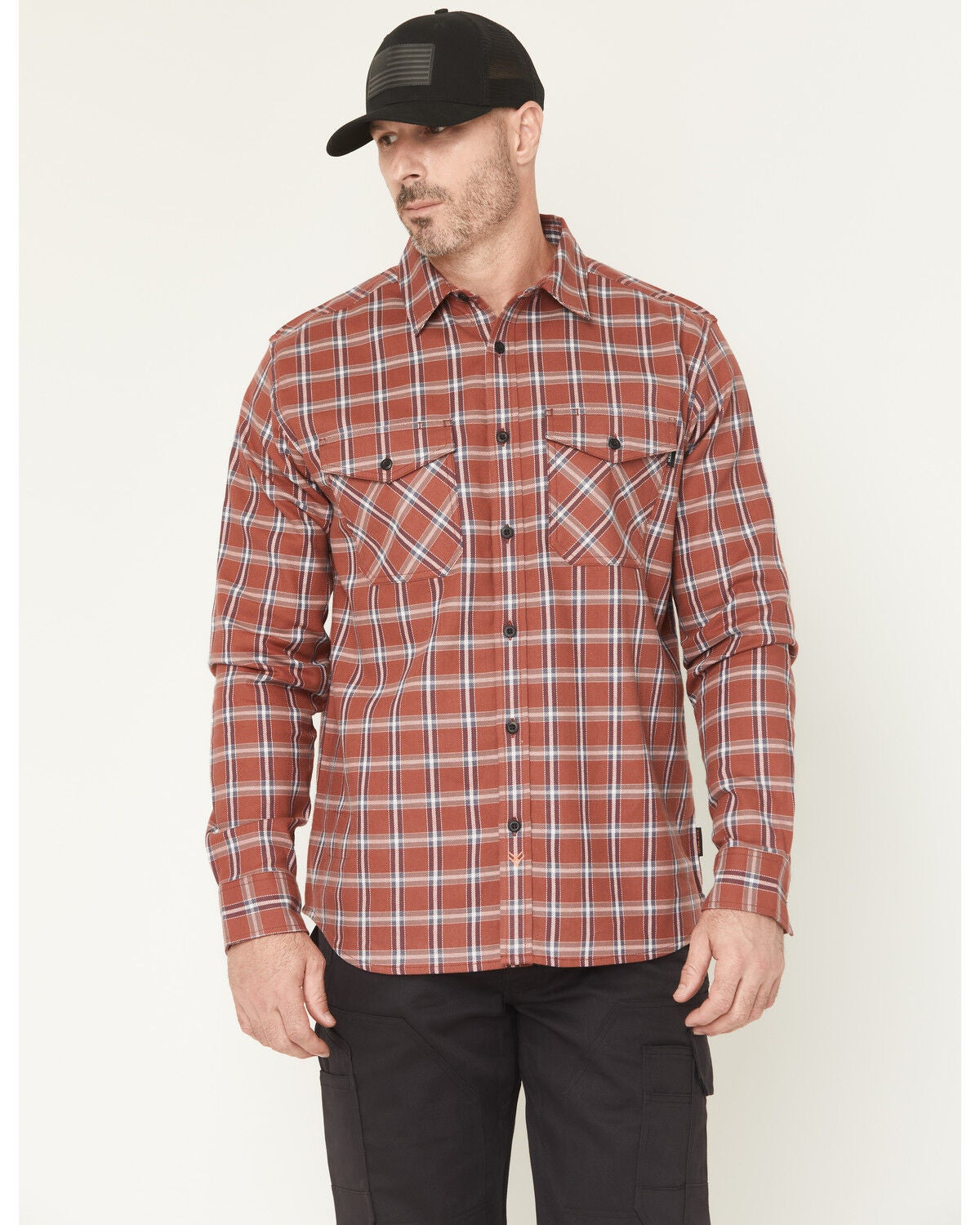 Hawx Men's FR Ponderosa Plaid Print Long Sleeve Button-Down Work Shirt, Wine, hi-res