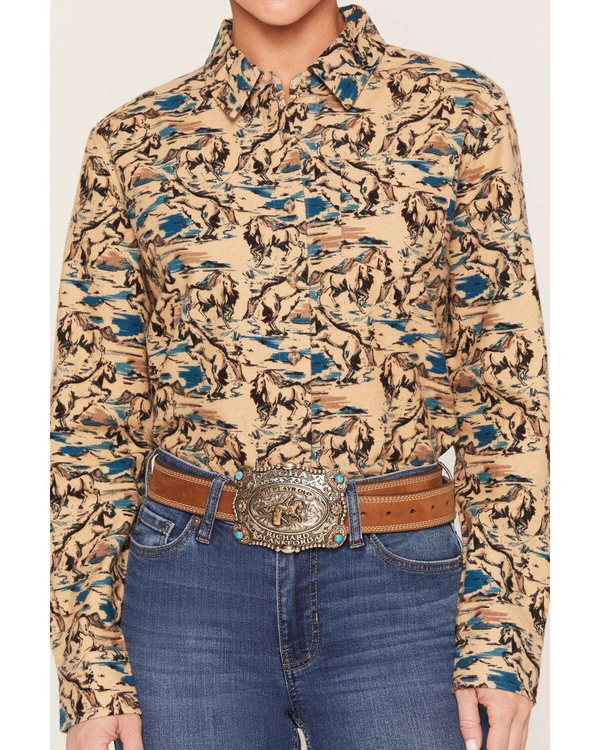 Image #3 - Shyanne Women's Cutler Horse Print Long Sleeve Relaxed Flannel Shirt, Beige, hi-res