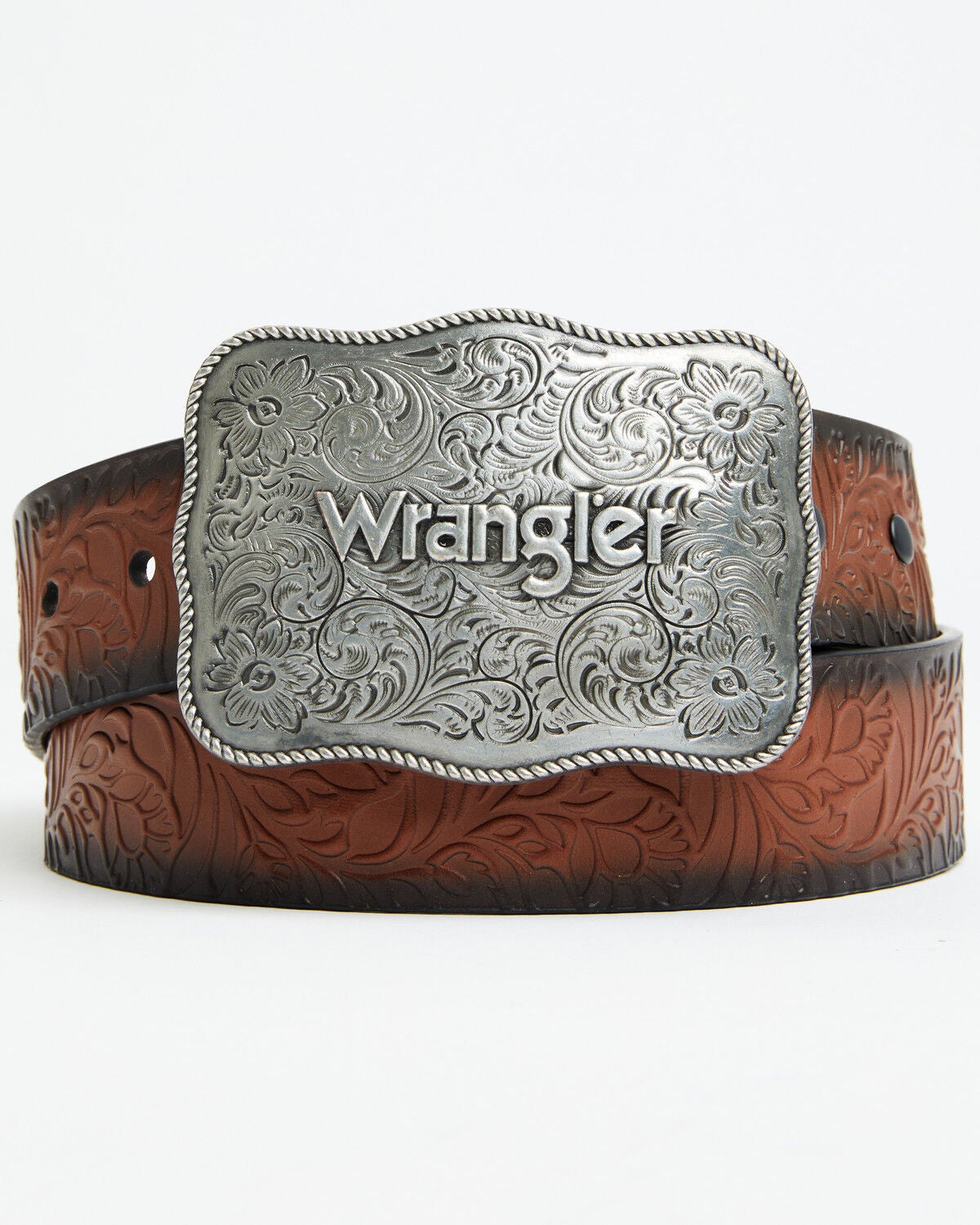 Image #1 - Wrangler Women's Floral Embossed Logo Buckle Belt, Brown, hi-res