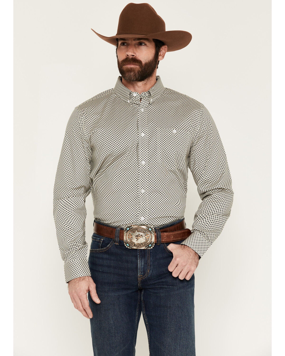 Image #1 - RANK 45&reg; Men's Thorn Geo Print Long Sleeve Button-Down Stretch Western Shirt, Ivory, hi-res